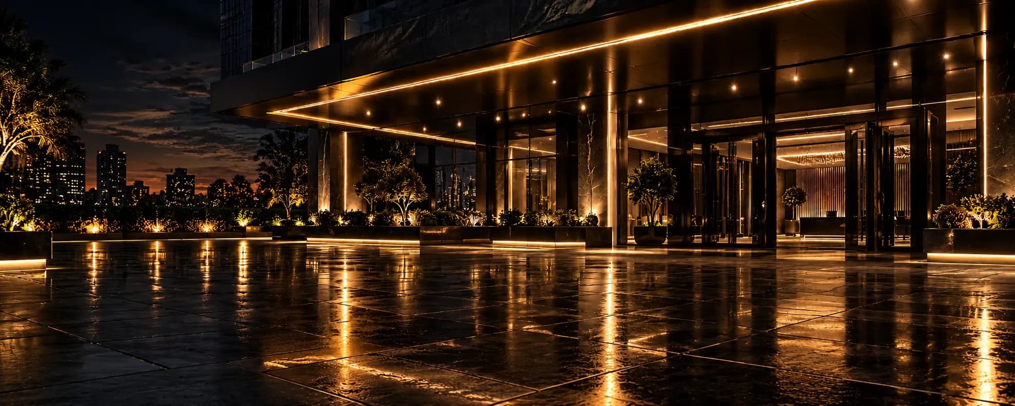 Four black chauffeur vehicles, a Sprinter van, two SUVs and a sedan, parked outside a lit corporate entrance at night