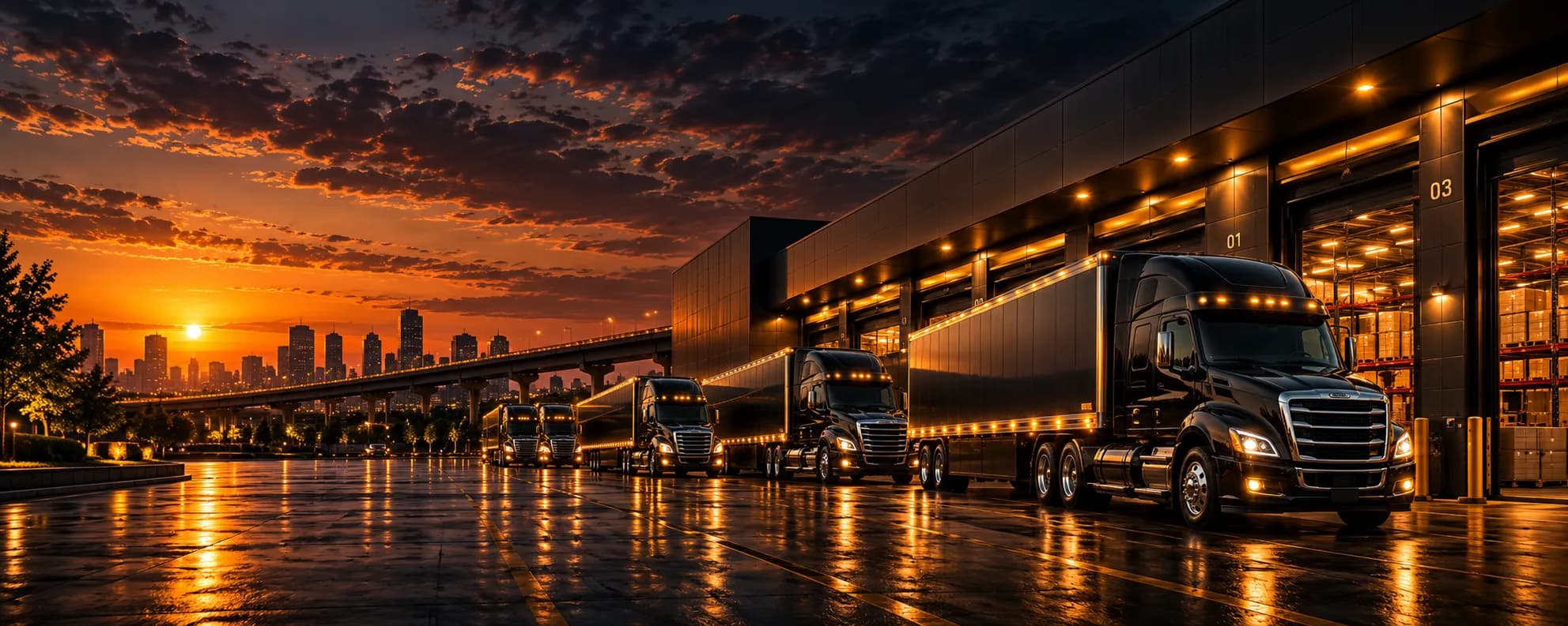 A row of matching black semi-trucks with enclosed trailers outside a lit warehouse at dusk, with a city skyline and an elevated highway behind