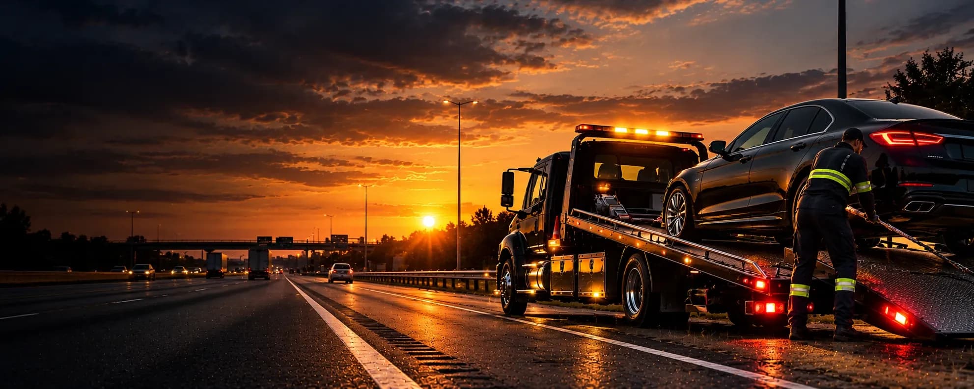 A flatbed tow truck with its amber light bar on, loading a car on a highway shoulder at sunset while an operator secures it