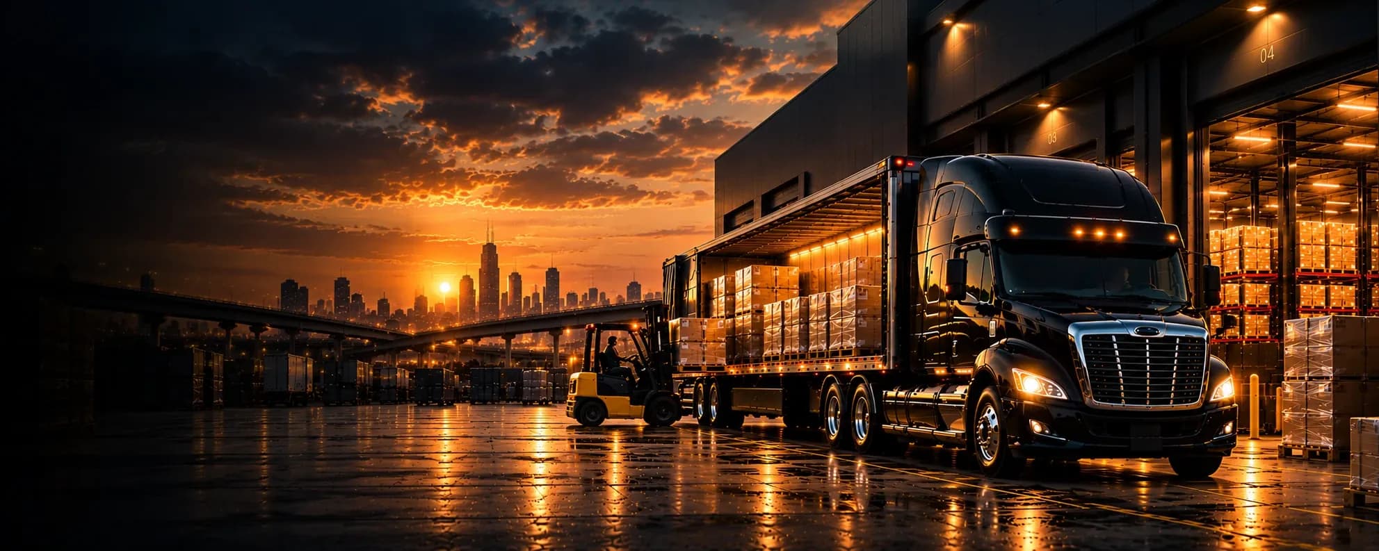 A black semi-truck with its trailer being loaded by forklift at a lit warehouse dock, with a city skyline at sunset