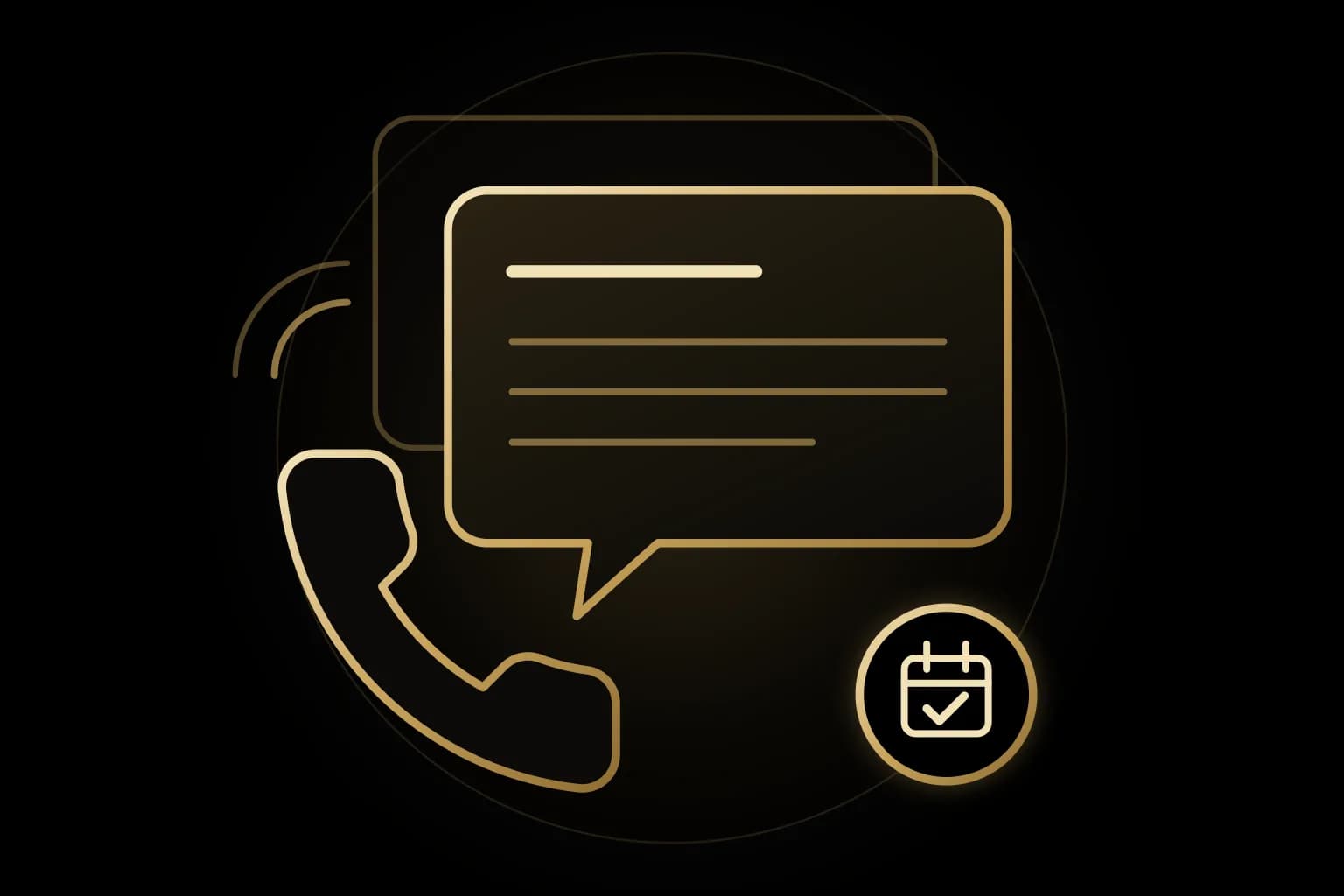 Gold line drawing of a telephone handset beside a conversation bubble and a calendar with a check mark