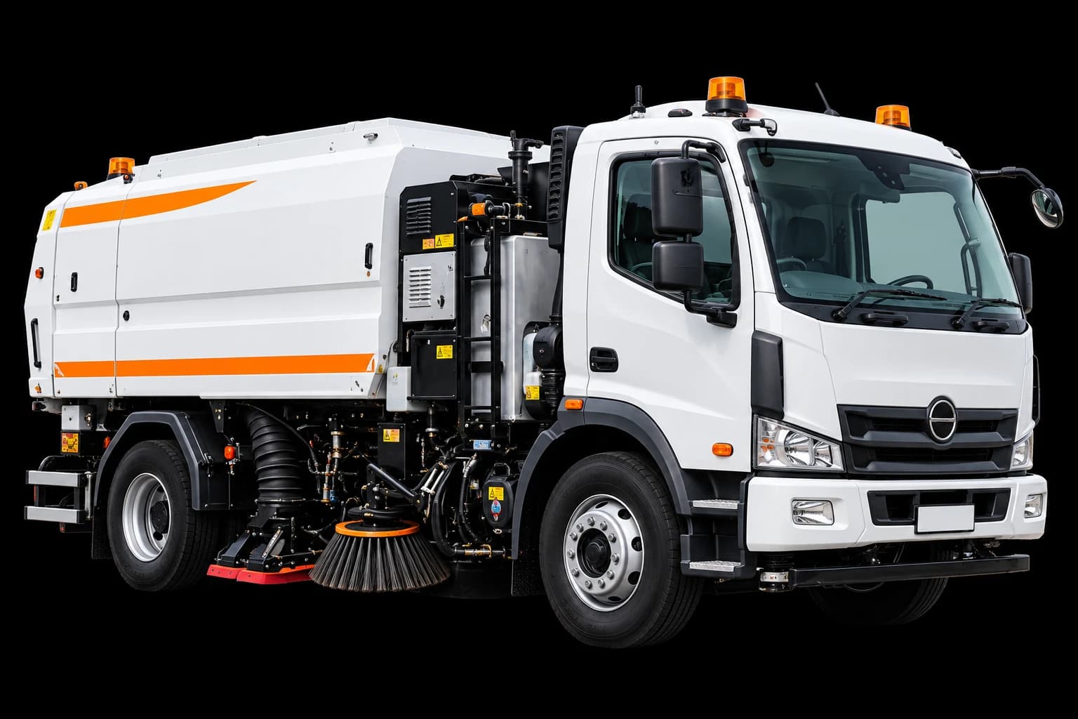 White street-sweeping truck with orange beacons and side brushes