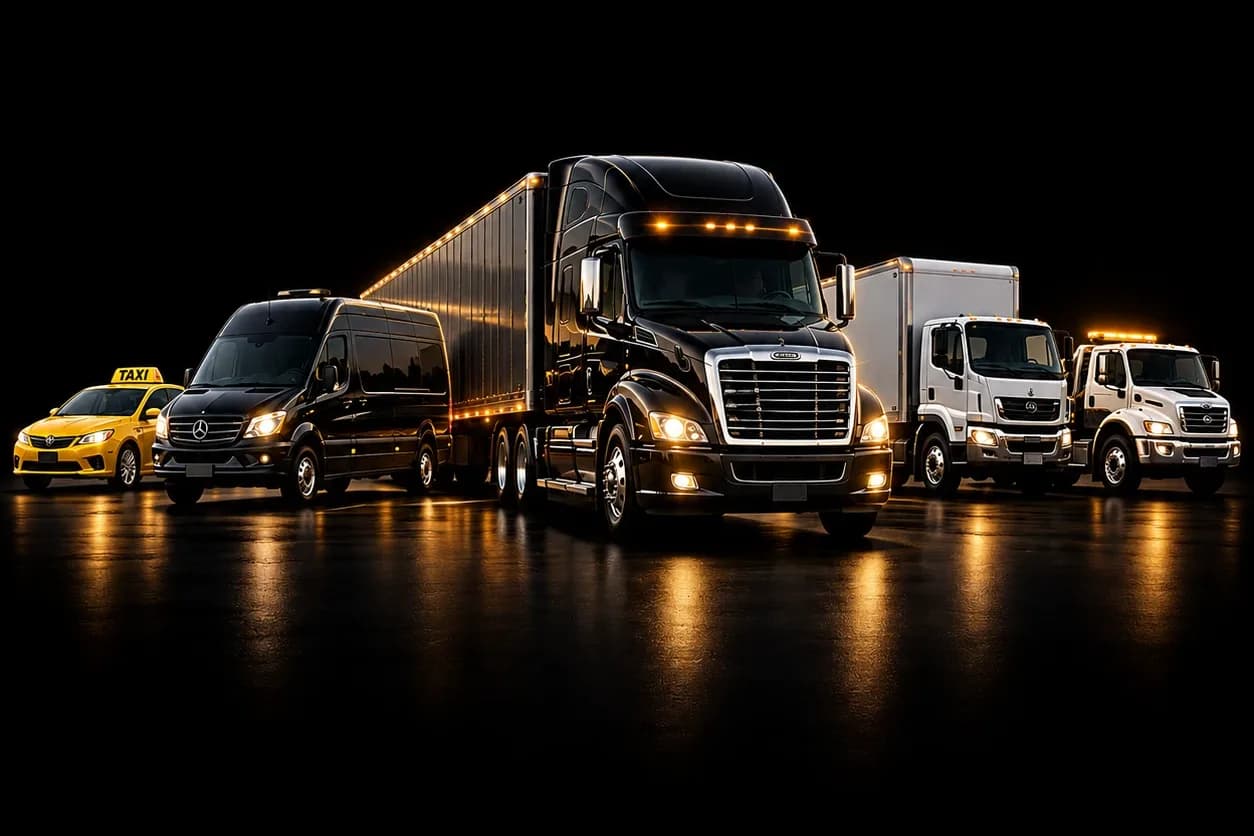 A taxi, a passenger van, a semi-truck, a box truck and a tow truck lined up at night