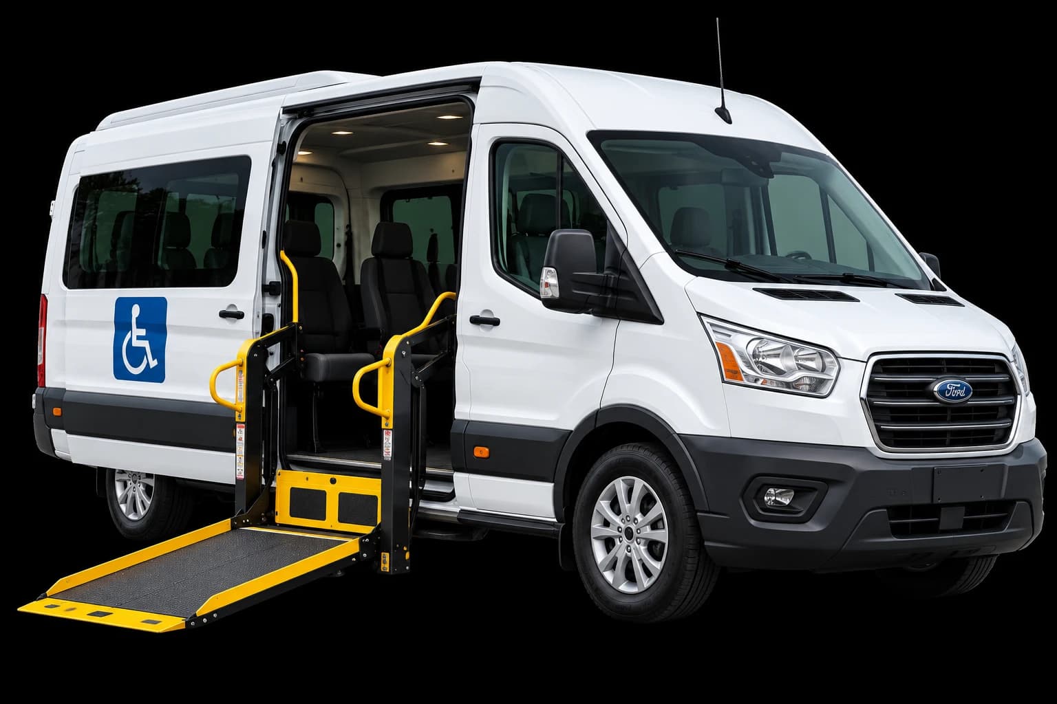 White wheelchair-accessible transport van with its side ramp lowered