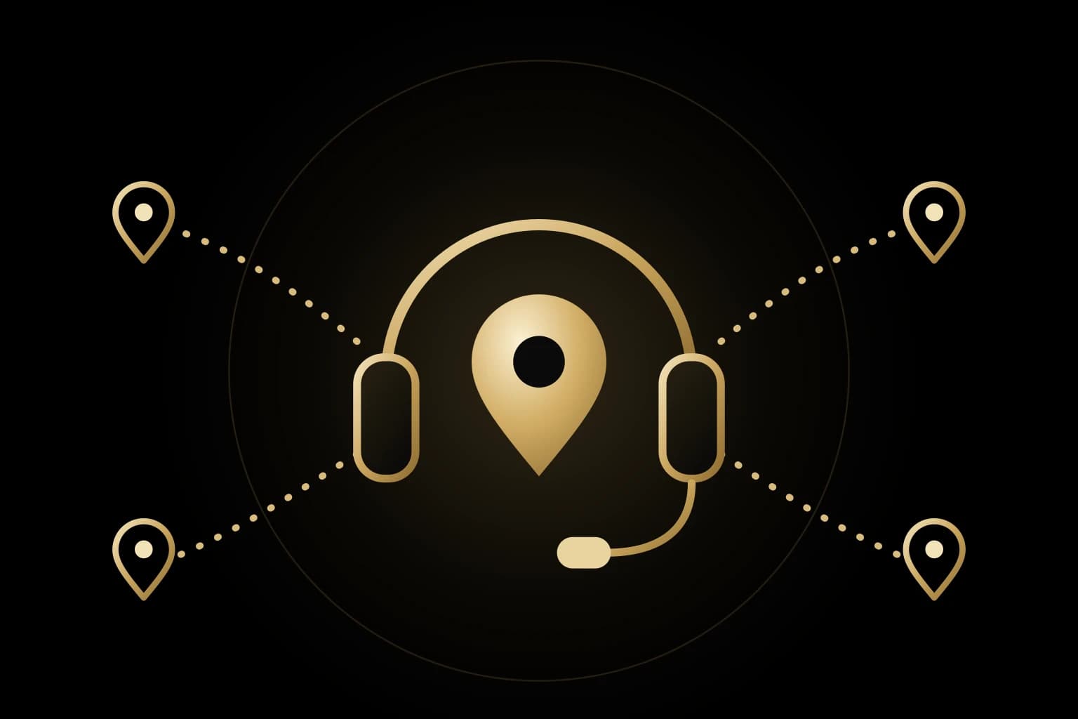 Gold line drawing of a dispatcher's headset around a map pin, with dotted routes to four other pins