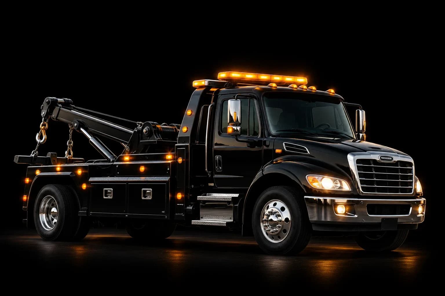 Black wrecker tow truck with a lit amber light bar at night